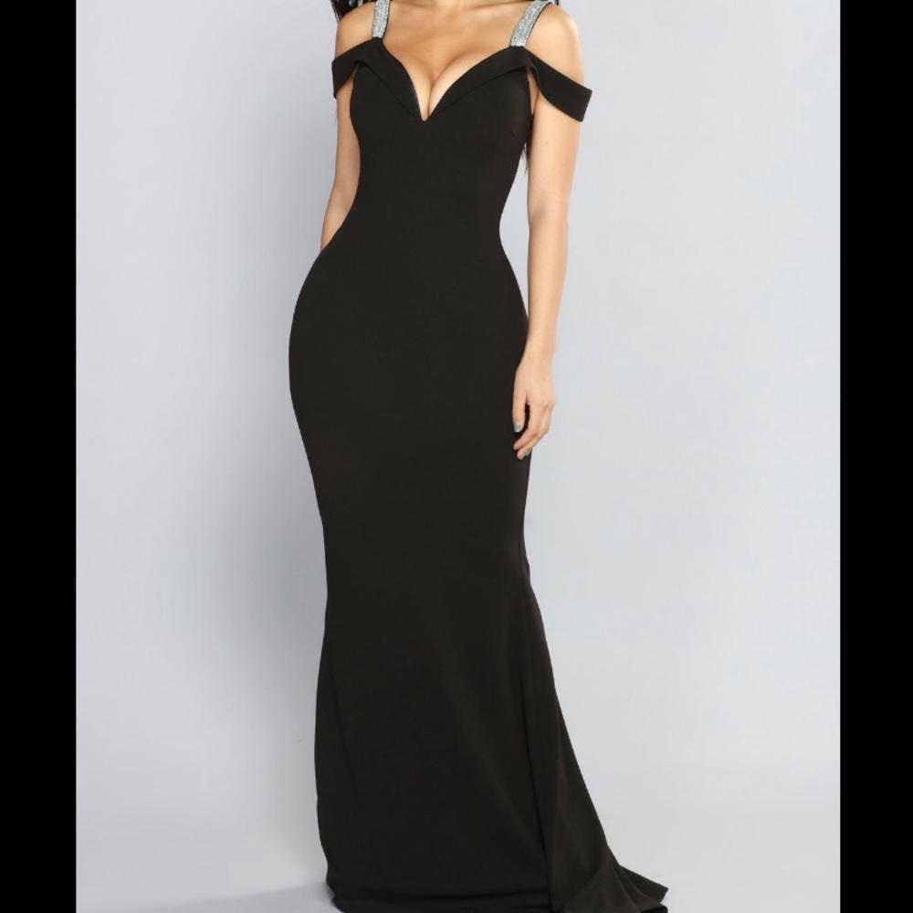Black gown with rhinestone straps